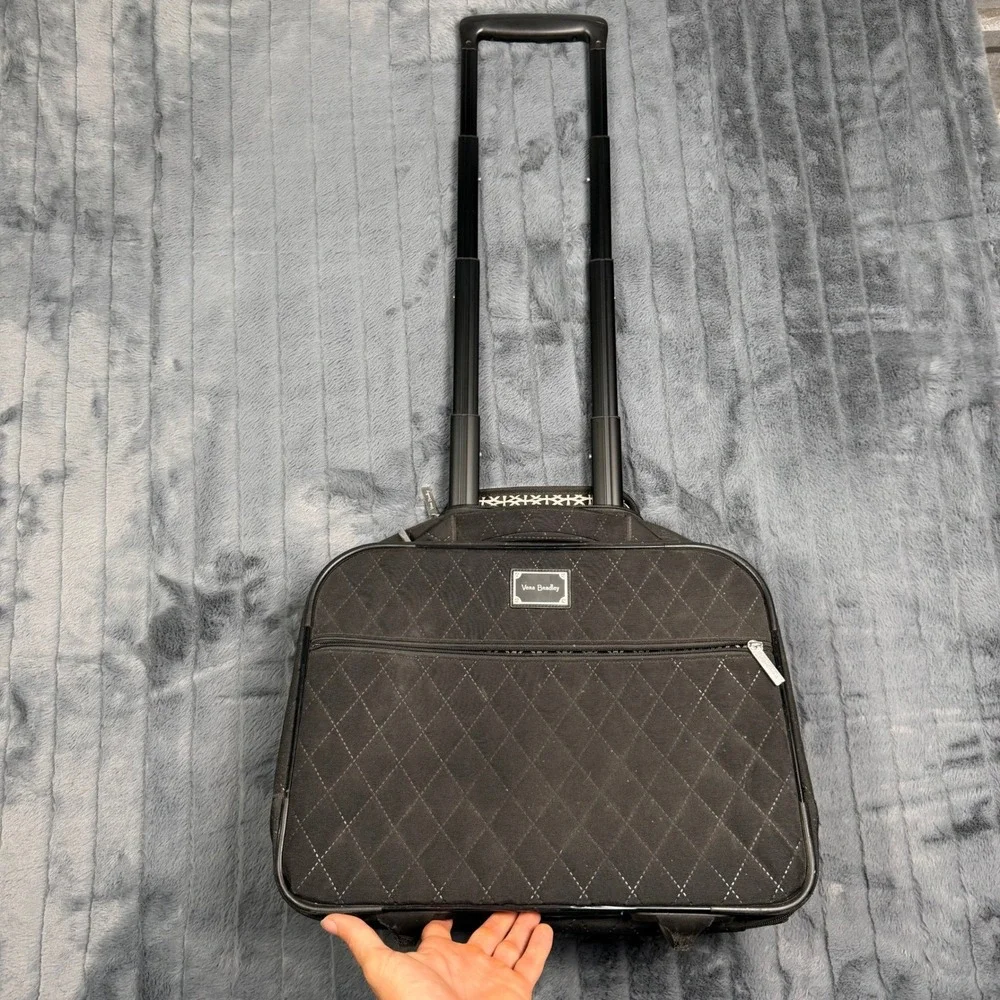 Vera Bradley Black Quilted Rolling Laptop Bag Briefcase Telescope Handle Luggage
